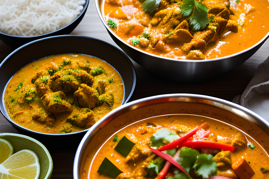 Indian food at a table with rice, Spicemarket New Dehli