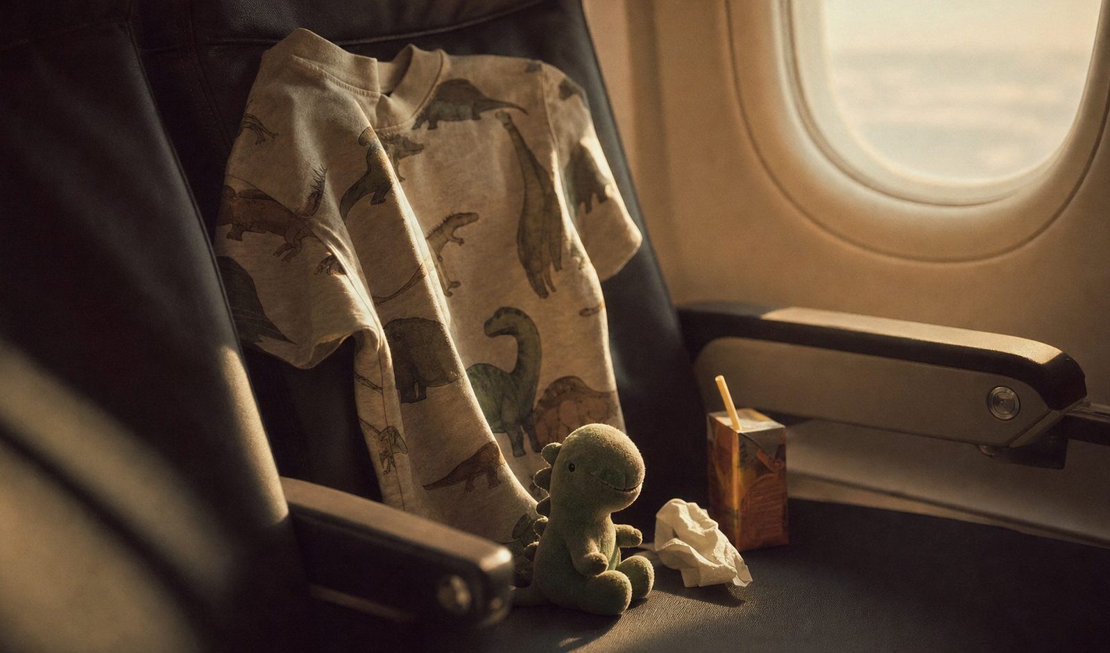 Dinosaurus-shirt en knuffel op vliegtuigstoel, sfeerbeeld voor column