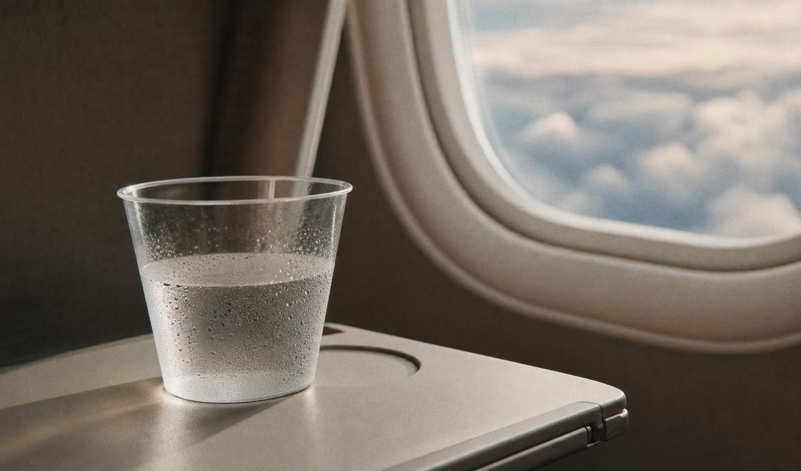 Plastic beker water op tray table met wolken, sfeerbeeld voor column