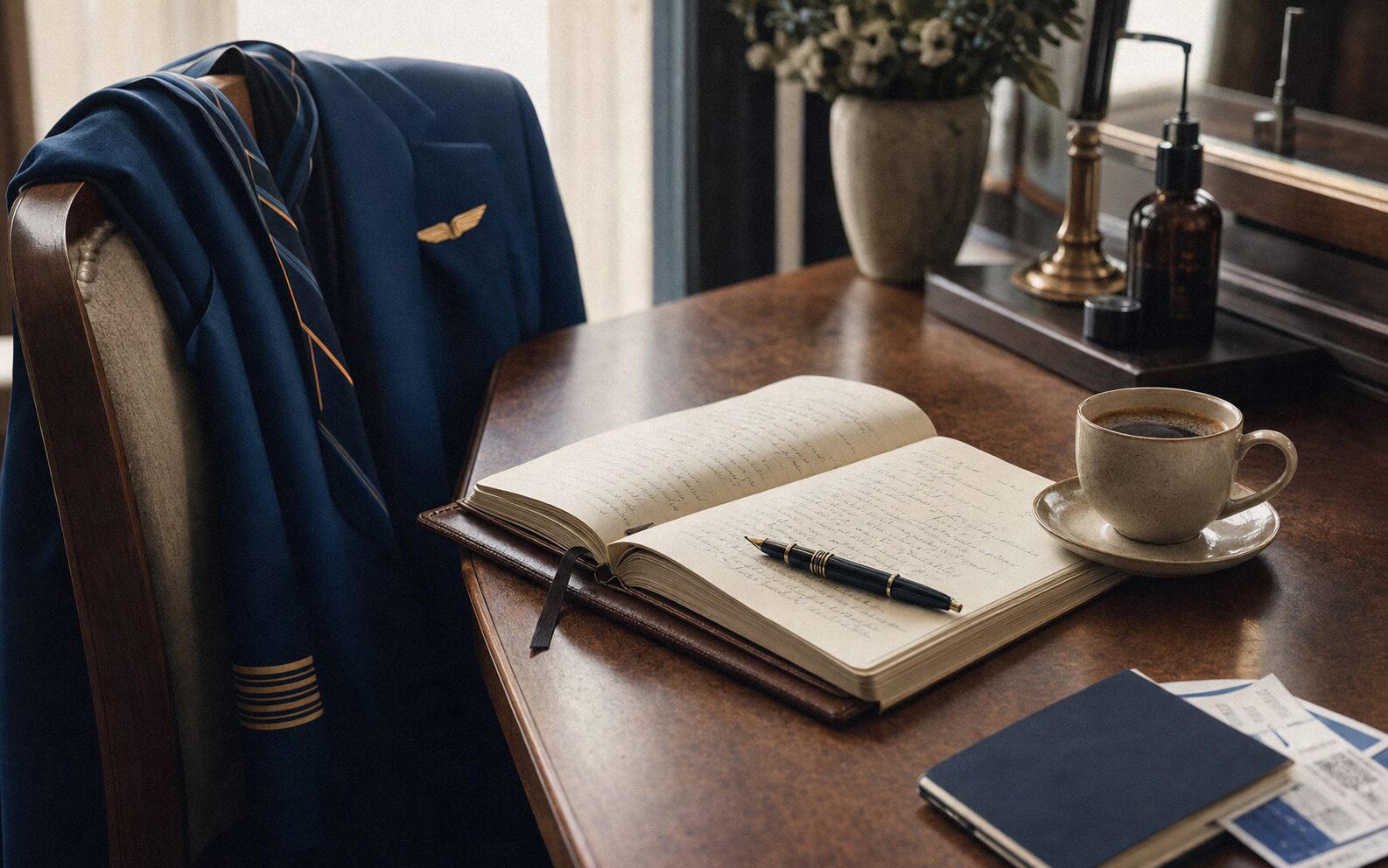 KLM crew hotelbureau met journal en uniform, sfeerbeeld voor column