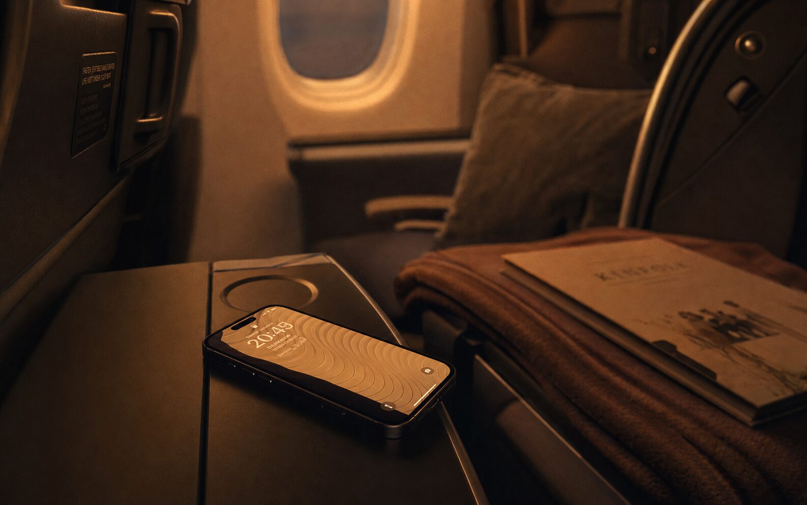 Smartphone op tray table met vliegtuigmodus, sfeerbeeld voor column