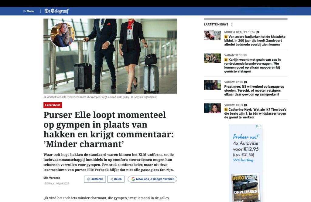 Purser Elle loopt op gympen in plaats van hakken en krijgt commentaar: 'Minder charmant'